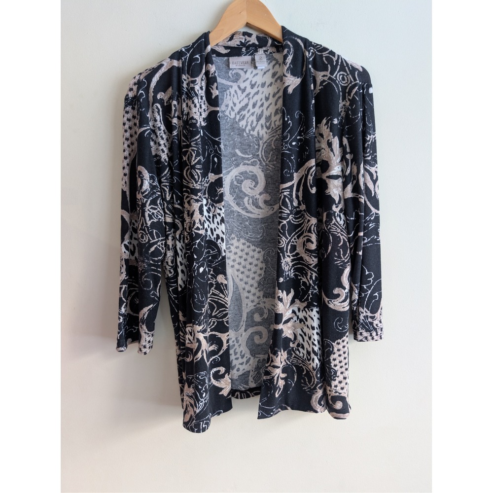 Easywear by Chicos Open Front Cardigan Black Beige Scroll‎ Print Size 2 Large